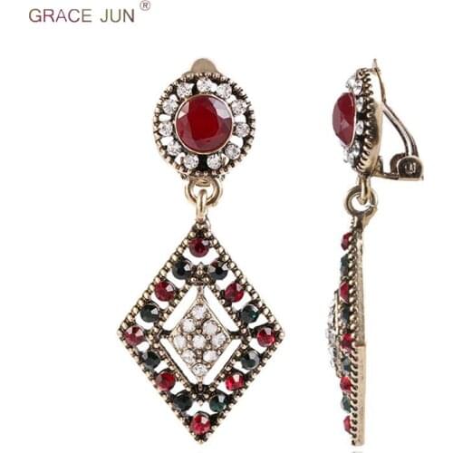 New Arrival Colorful Rhinestone Resin Geometric Round Square Clip on Earrings for Women Luxury Vintage Without Pierced Earrings