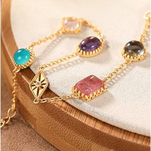 New pure S925 silver gold-plated inlaid with natural strawberry crystal Tianhe stone fresh temperament female bracelet