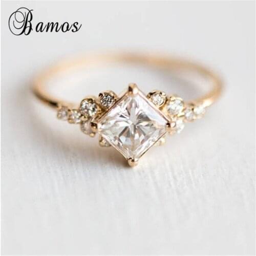 Bamos Princess Cut Zircon Engagement Ring Vintage Gold Color Promise Wedding Rings For Women Simple Summer Jewelry Best Gift