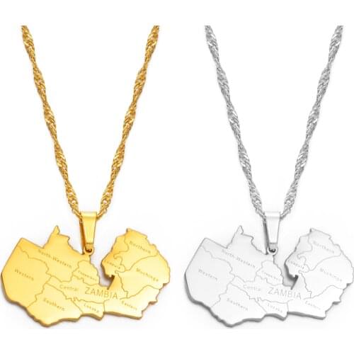 Anniyo Map of Zambia With City Pendant Necklaces for Women Girls Stainless Steel Zambian Maps Chains Gold Color Model #071221
