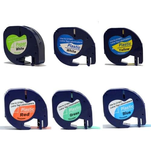 Mixed colors 12PK compatible DYMO LT tape LetraTag 91200, 91201, 91202, 91203, 91204, 91205 white, yellow, red, green and blue