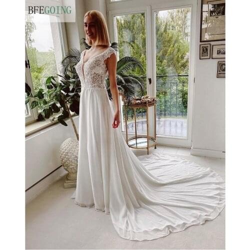 Ivory Lace Beading Chiffon V-Neck Floor-Length A-Line Wedding Dresses Chapel Train Sleeveless Bridal Gowns Custom Made