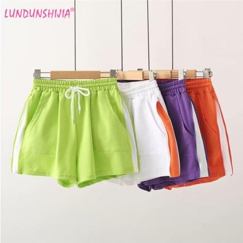 LUNDUNSHIJIA 2021 Summer Contrast Colors Zipper Shorts For Women Fashion Feminino Cotton Fluorescent Green Drawstring Shorts