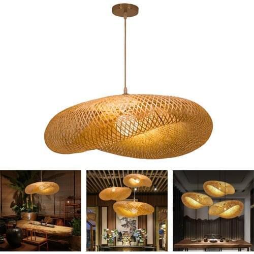 Bamboo Weaving LED Pendant Light, Hanging Chandelier Kitchen Vintage Ceiling Lamps for Bar Restaurant Bedroom Decor Accs