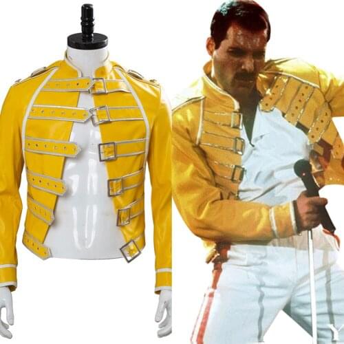In Stock) Queen Lead Vocals Freddie Mercury Cosplay Costume Men Mercury Yellow Jacket Halloween Carnival Costume