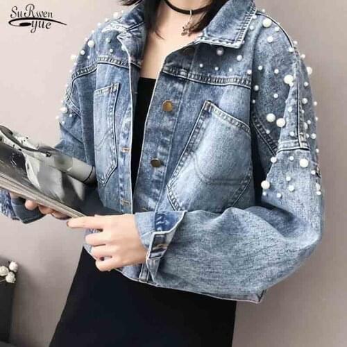 Autumn New 2021 Chic Pearl Beading Crop Denim Jackets Women Casual Jeans Bomber Jacket Long Sleeve Denim Coat Korean Plus 16756