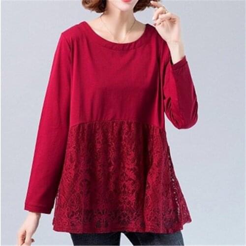 2021 Spring Fall Lace Blouse Plus size Women Long sleeve Shirt Splice Elegant Ladies Casual Ruffle Top Red Black ZY5472