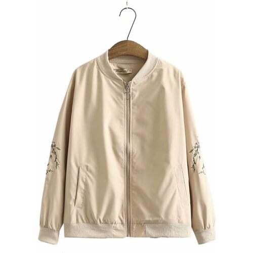 Plus size long embroidery sleeve stand collar women loose jackets 2021 new autumn casual ladies solid pink black zipper coats