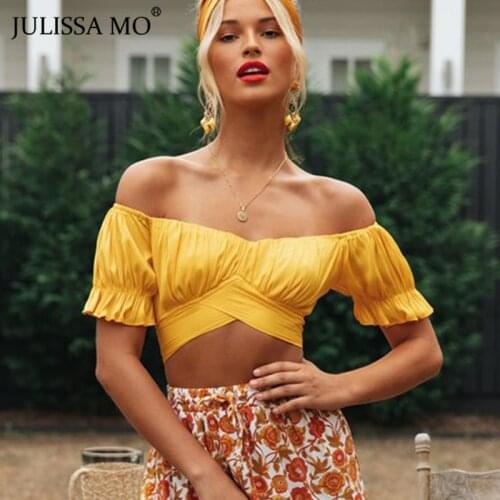 JULISSA MO White Puff Sleeve Sexy Tank Top Women Summer V Neck Bandage Ruched Crop Tops Hot Streetwear Backless Festival Cropped