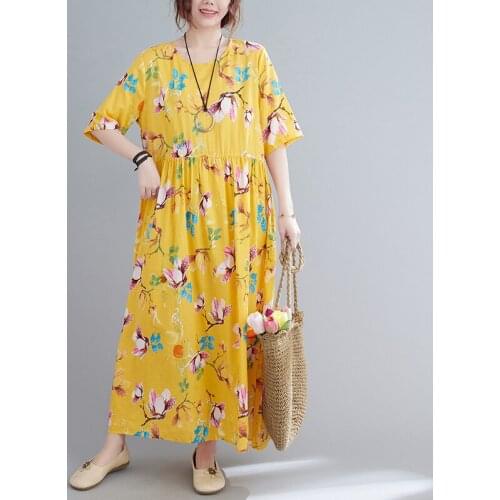 O-neck Cotton Holiday Beach 2021 Summer Women Half Sleeve Loose Maxic Lady Vestidos Casual Dresses
