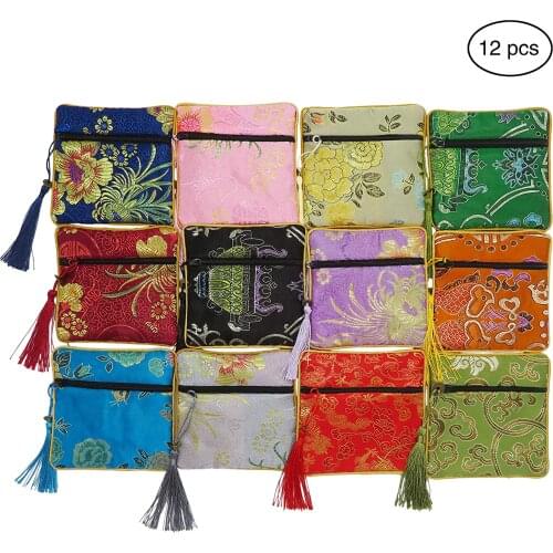 12Pcs Chinese Silk Brocade Embroidered Jewelry Pouch Bag Traditional Gift Bag Tasseled Coin Cash Purse Wallet with Zipper Random