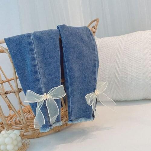 2021 Spring Autumn Kids Clothes Girls Baby Pants Children Jeans Toddler Cute Bow All-matched Denim Trousers 12M-7Y