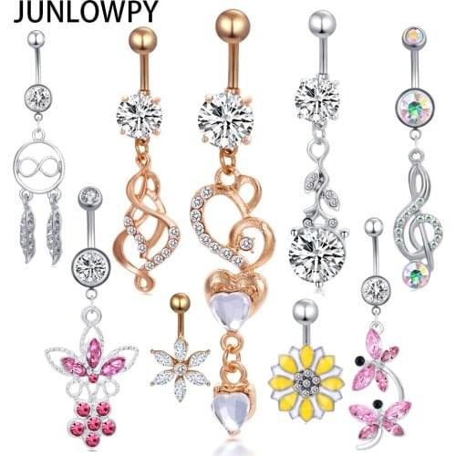 JUNLOWPY Mix 9 Styles 14G Belly Button Rings Dangle Navel Ring Stainless Steel Bell Bar Silver Gold Piercing Body Jewelry 30pcs