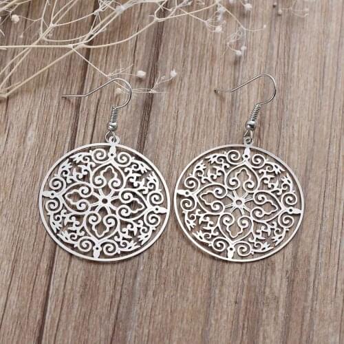 8Seasons Copper Filigree Stamping Earrings Round Silver Color Hollow 54mm(2 1/8")x 35mm,1 Pair Hot new