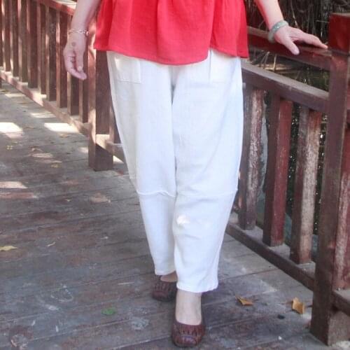 Middle aged woman pants elegant loose streetwear women elastic high waist pants women plus size cotton linen casual pants H564