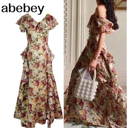 Designer Floral Ruffles Maxi Luxury Party Night Dinner Dresses Summer Slash Neckline Long Dress Vestidos Aesthet