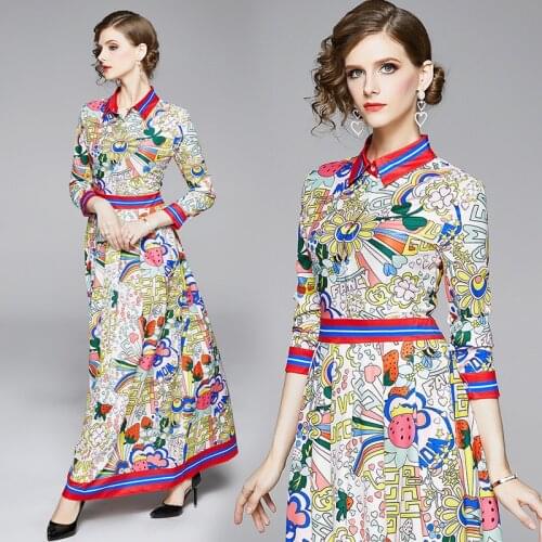 England Style Elegant Fashion Women Clothing 2021 Spring/Autumn Long Sleeve Design Print Office Party Shirt Maxi Dress Sundress