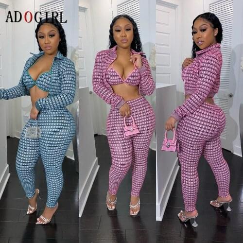Adogirl Plaid 3 Piece Set Women Jacket Underwear +Bodycon Pants Sets Casual Tracksuit Matching Sets Outdoor Wear Plus Size