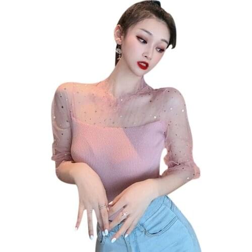 Lace Mesh Sequin Bottoming Tshirt Summer Short Sleeve Solid Color Elegant Knit Top Ice Silk Short Sleeve Tee Shirt