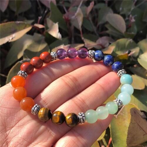 Natural Quartz 7 Chakras Charm Bracelet Round Beads Crystal Healing Stone Women Jewelry Gift