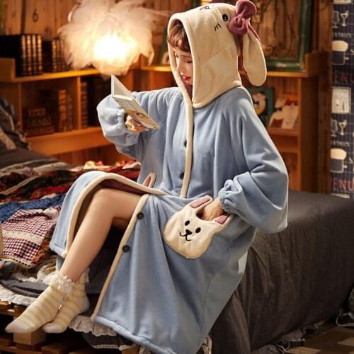 Nightgowns Women Winter Thick Coral Velvet Kawaii Rabbit Ears Pocket Girls Homewear Korean Femme Sleepshirts Nightdress robes
