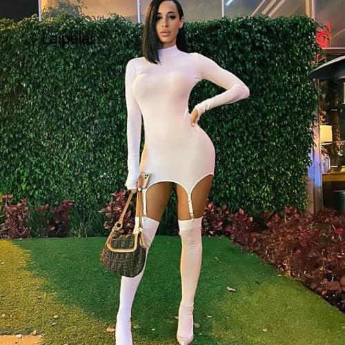 Solid Bodycon Garter Women with Stocking Long Sleeve Sexy Clubwear Skinny Party Dresses Autumn 2021