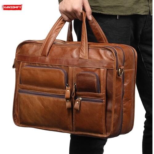 2020 New Genuine Leather Mens Briefcases 15" Laptop Business Handbags Men Tote Crossbody Bags Vintage Briefcase Messenger Bags