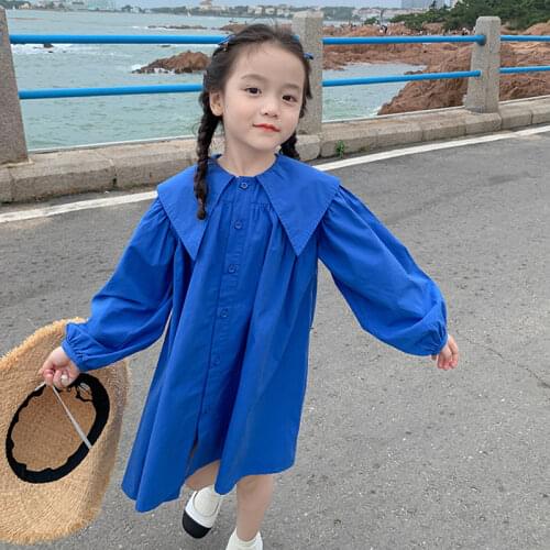 Baby Girl Blue Princess Dress Spring Autumn Retro Square Collar Dresses 3-7 Years Children Fashion Clothes Sweet Girls vestidos