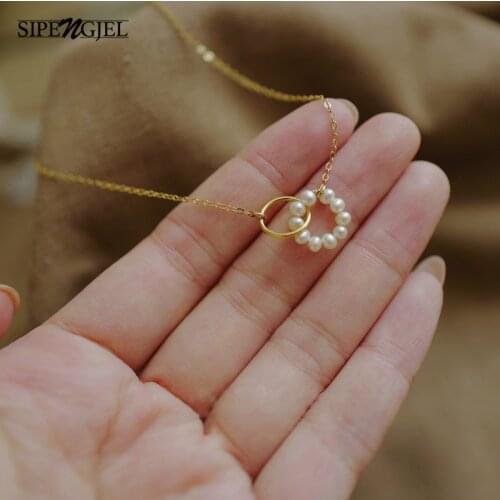 SIPENGJEL Fashion Geometric Pearl Pendant Necklace Double 2 Round Short Chain Neckalce For Women Jewelry 2021