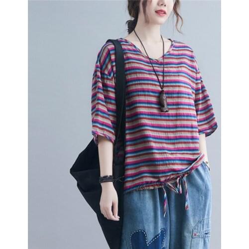 Cotton Linen Loose Cozy Summer T Shirt Fashion striped All-match Women Tops Casual Tshirt Plus Size Vintage T-shirt Tees Shirt
