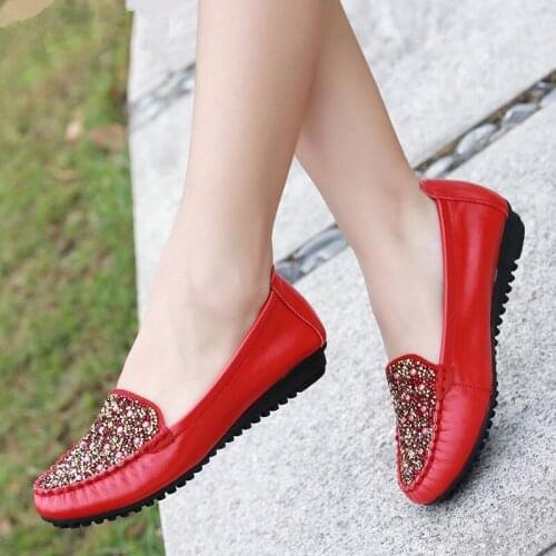 Fashion Women Shoes New Genuine Leather Flat Shoes Woman Loafers Crystal Soft Outsole Comfortable Casual Shoes Women Flats
