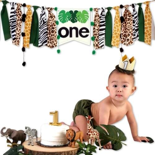 Wild One Birthday Decorations 1st Birthday High Chair Banner Cake Topper Crown for Baby Boy Jungle Safari Party Supplies