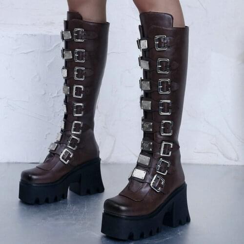 2021 Women Knee High Boots Platform Square High Heel Ladies Motorcycle Boots PU Leather Back Zipper Womens Boots Big Size 43