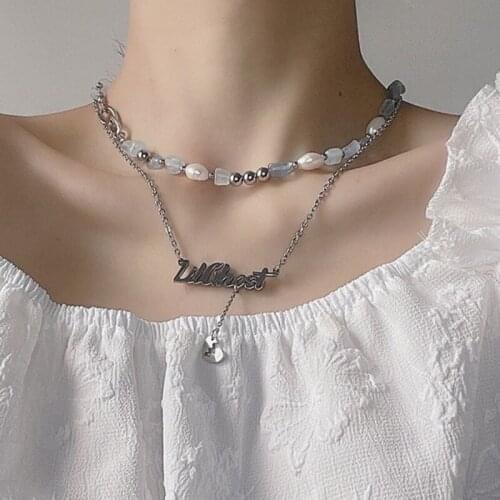 VSnow Baroque Double-Layer Freshwater Pearl Irregular Moonstone Pendant Necklace for Women Letter Heart Chain Necklace Jewelry