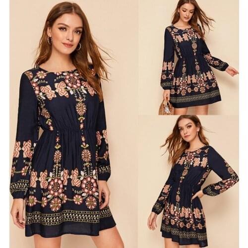 Women Autumn Floral Print Round Neck Bodycon Vintage Short Mini Dresses Long Sleeve Dress Clothing