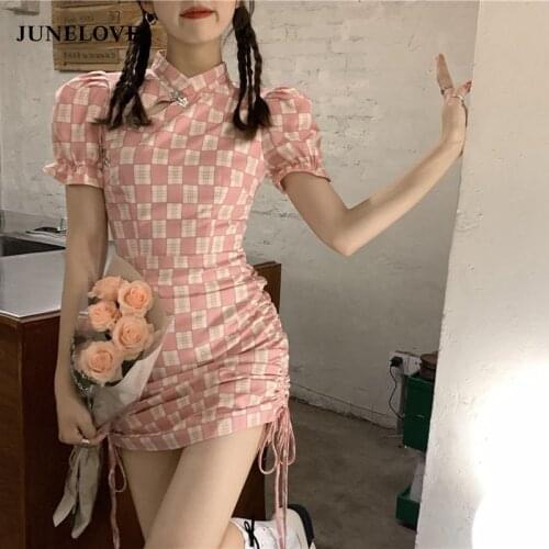 JuneLove Summer Womens Fashion Puff Sleeve Plaid Cheongsam Modern Young Girl Chinese Style Sweet Cute High Waist A-line Dress