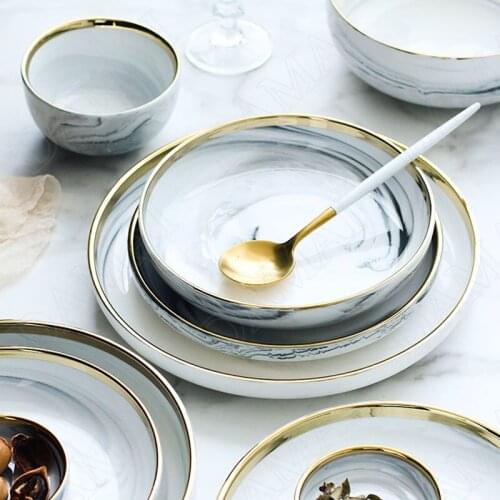 Golden Stroke Ceramics Plate Fruit Salad Plates Marble Texture Western Steak Dish Dinner Table Tray Kitchen Tableware Set