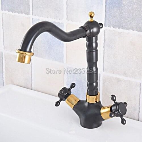 Gold Color Brass & Black Dual Handle Bathroom Faucet Basin Mixer Tap Swivel Deck Mounted Sink Vanity Faucet Lsf799