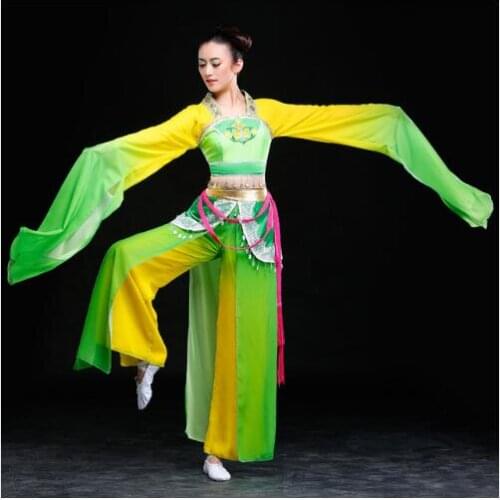 0140) Chinese Classical dance clothes hanfu ancient costume fairy set yellow green long Sleeves water sleeves flying clothes