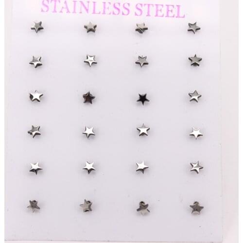 Small studs earrings five-star stainless steel jewelry silver color 12pair/sets 3mm simple Male and female earrings
