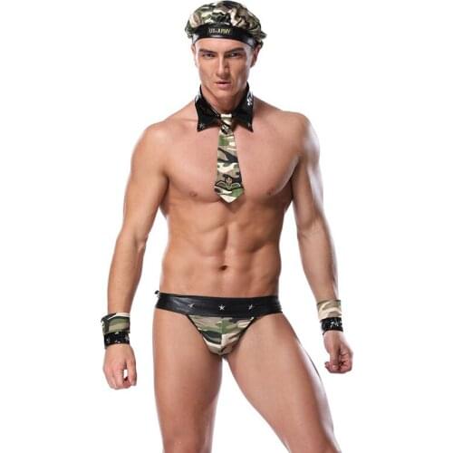 Sexy Soldier Camouflage Cosplay Costumes Professional Camouflage Outfit Halloween Soldier Uniforms 4Pcs Men Exotic Lingerie Set