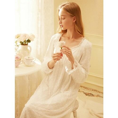 Free Shipping 2019 New Fall Rose Tree Princess Nightgown Womens Long Pajamas White and Pink Sleepwear Soft Modal Nightdress