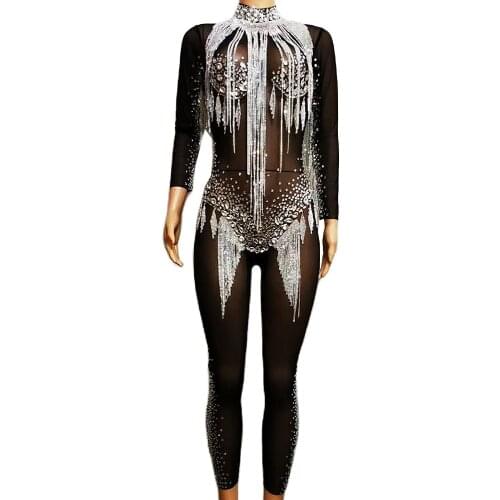 Glitter Silver Tassel Rhinestone Long Sleeve Jumpsuits Skinny Stretch Black Mesh Perspective Nightclub Singer Dancer Stage Wear