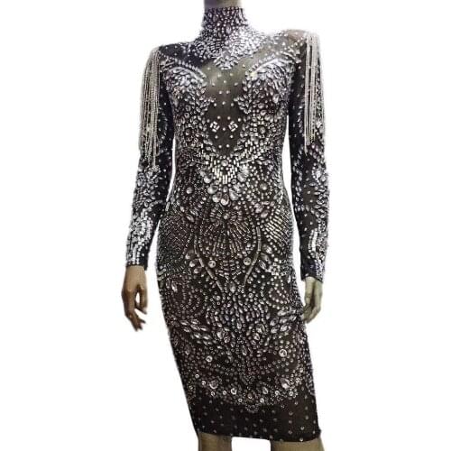 Shiny Party Evening Crystal Transparent Dress Women Sexy Rhinestone Tassel Prom Bodycon Dress Latin Dance Stage Fringes Dress