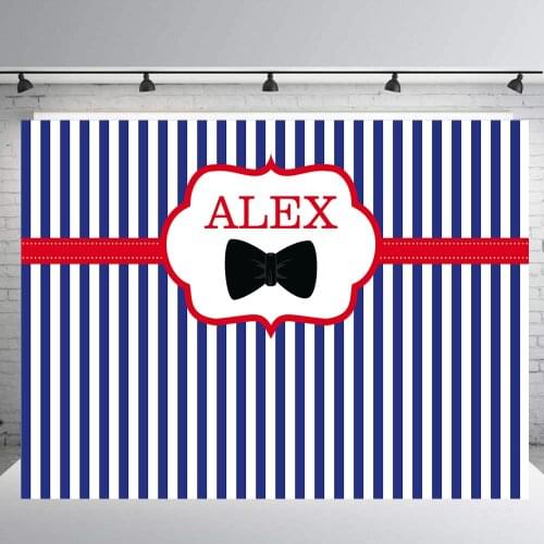 Blue and white stripes baby shower backdrop custom little man bow tie mustache 1st birthday party decoration background B-404