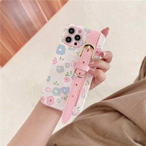 Suitable for iPhone 11/12promax 7/8plus Pink flower Wristband case for iPhone XSmax XR XS X protective sleeve
