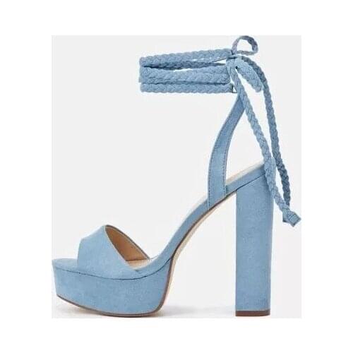 Elegant Sky Blue Chunky Heels Sandal Women High Platform Ankle Braided Tied Up Dress Shoes Peep Toe Thick Heel Summer Sandals
