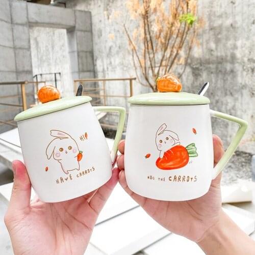 Cute Rabbit Ceramic Mugs With Carrots Lid Fresh Style 450ml Lovely Breakfast Milk Tea Coffee Cup Drinking Water Bottle