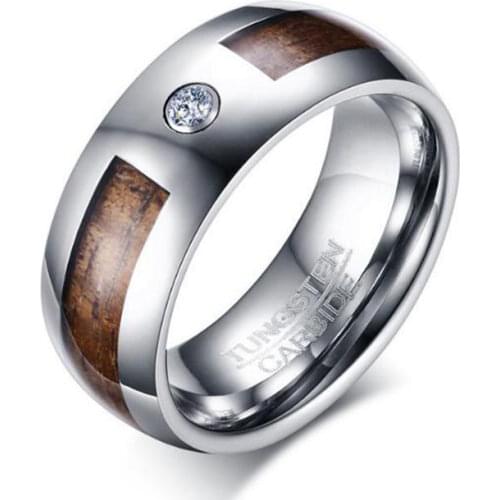 Classic Cubic Zirconia Tungsten Carbide Engagement Ring Mens Wood Jewelry Wedding Bands 8MM