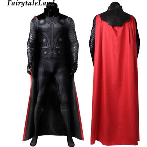 Halloween God Of Thunder Superhero Cosplay Odinson Jumpsuit Battle Costume 3D Printing Boydsuit Black Outfit with red cape